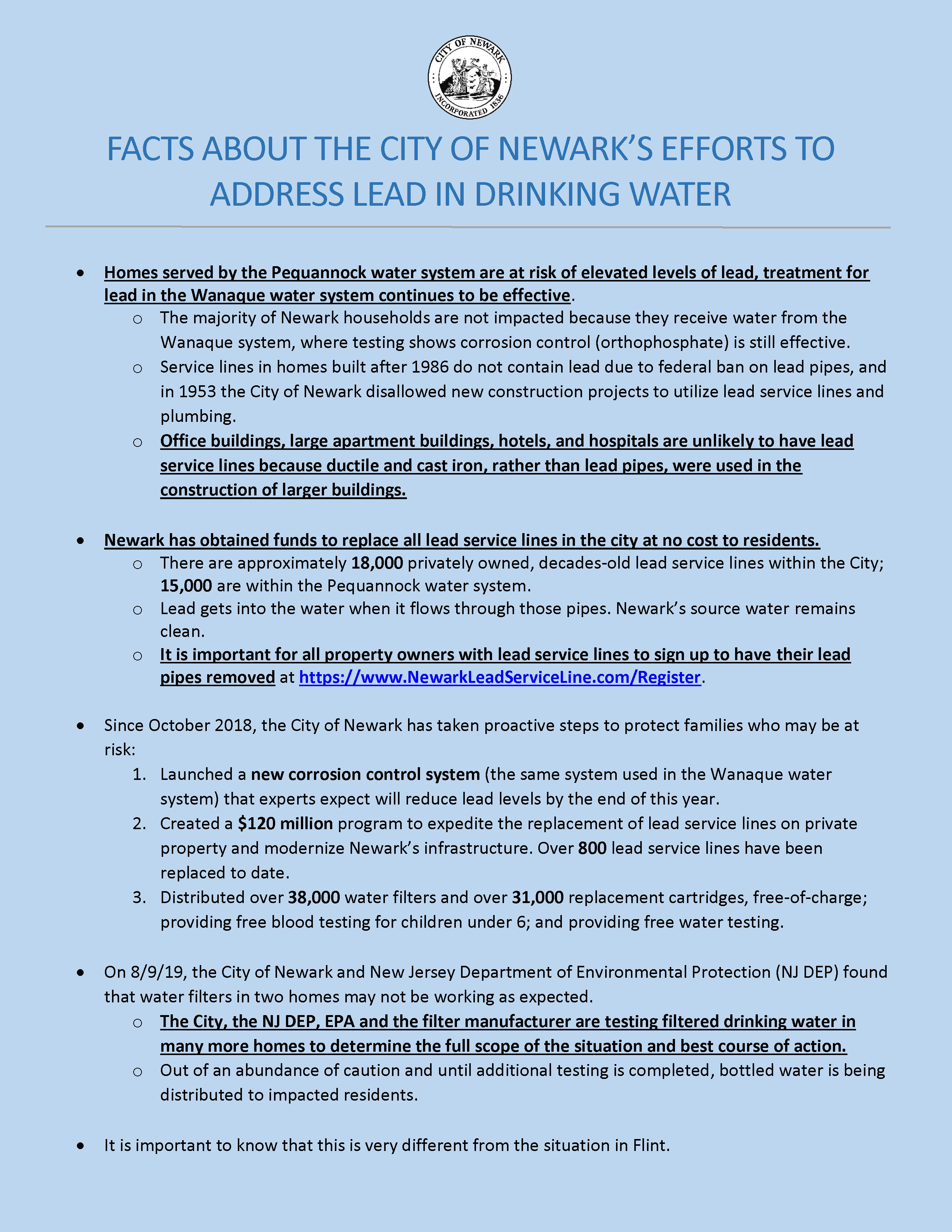 News Quick Facts About City's Efforts to Address Lead in Drinking Water